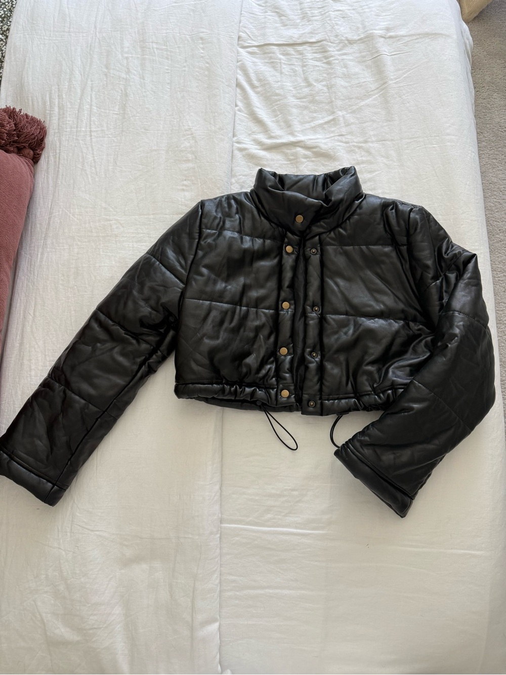 Black Cropped Faux Leather Puffer Jacket
